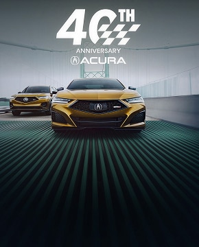 Acura Integra and Acura RDX vehicles on a track, with Acura's 40th Anniversary logo. Acura Integra and Acura RDX vehicles on a track, with Acura's 40th Anniversary logo.